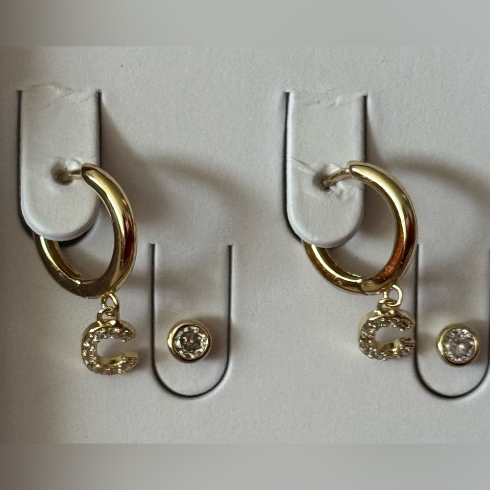 💕 Nordstrom Rack Gold Tone Huggies Hoop Earrings CZ C Charm Stud Set